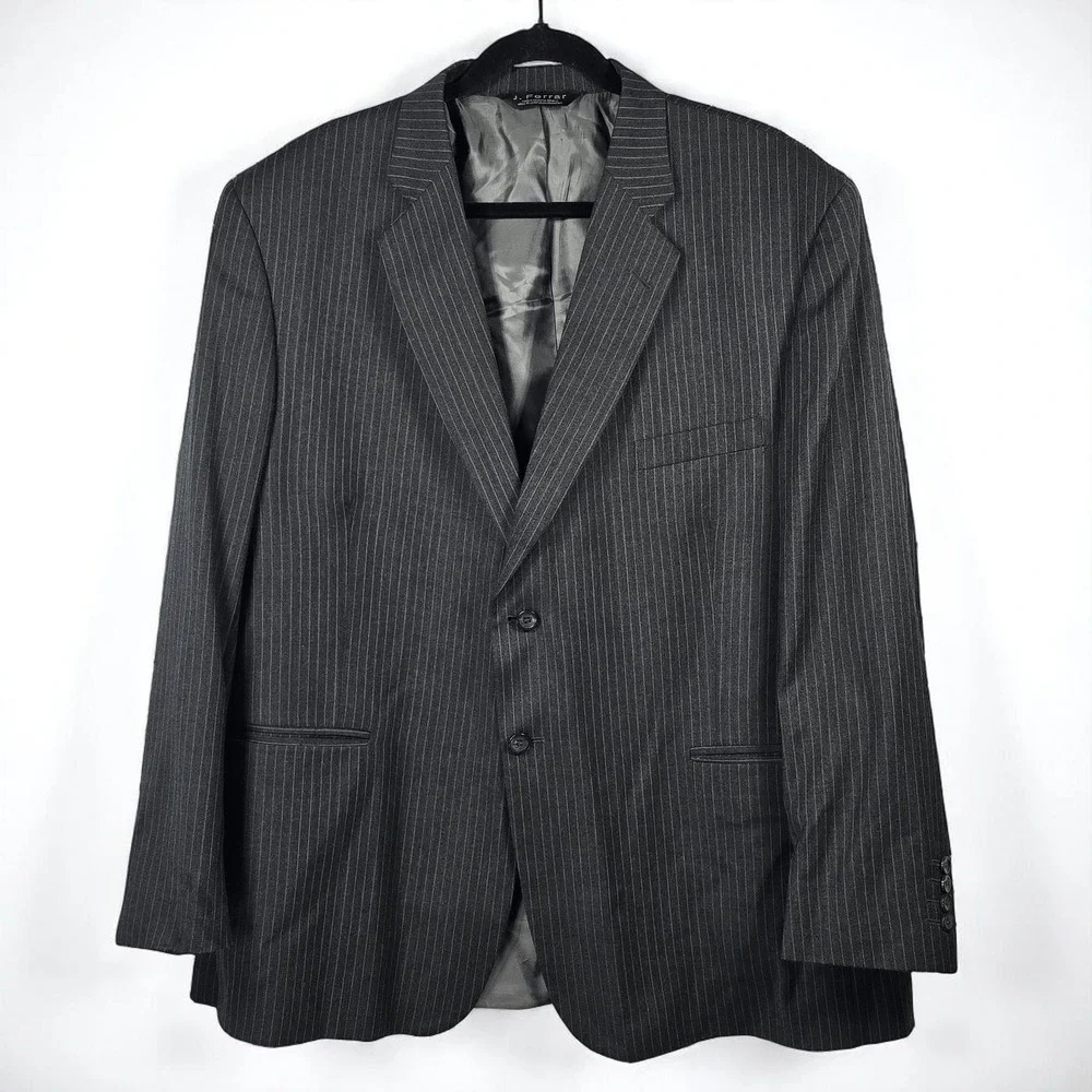 J. Ferrar Wool Pinstripe‎ Suit Set Blazer & Trousers Dark Gray Men's 48R, 37x29
